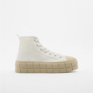 Zara women’s high top sneaker, platform rubber sole, white + tan some, size 40